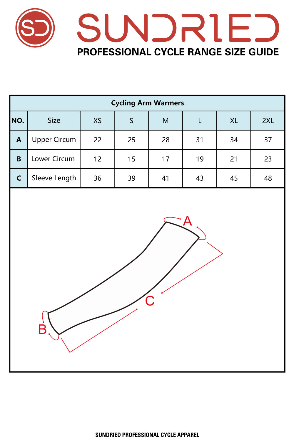 Sundried Arm Warmers Size Chart