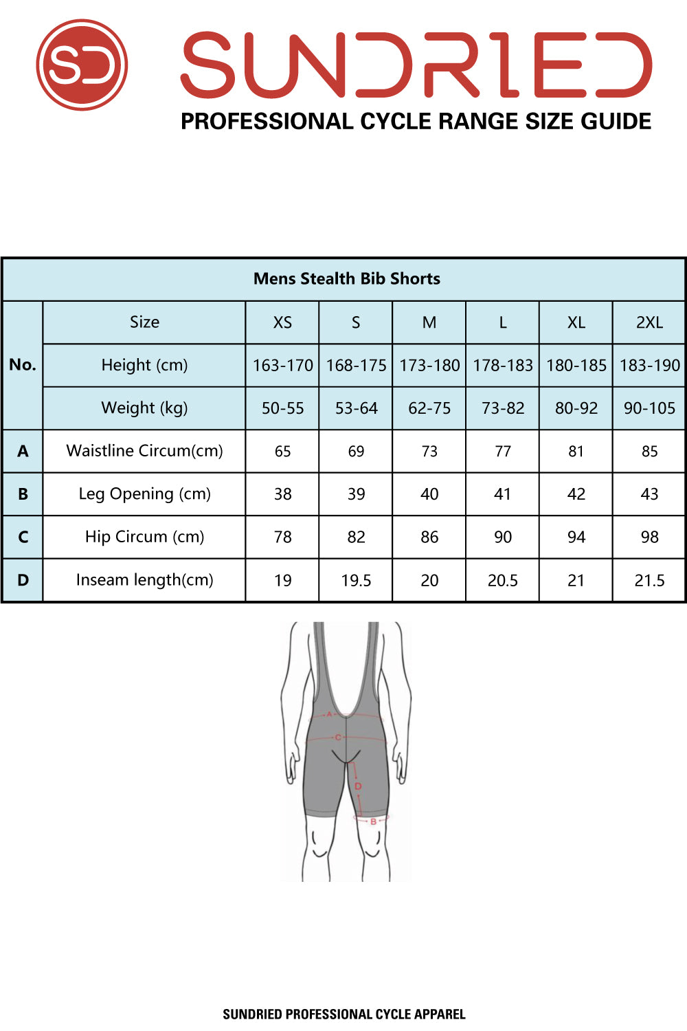 Men's Stealth Bib Shorts Size Chart