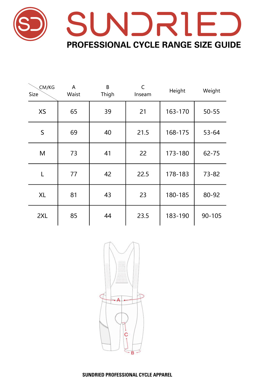 Sundried Stealth Pocket Bib Shorts Size Chart