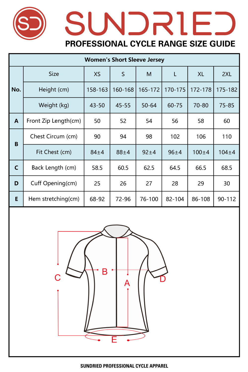 Women's Short Sleeve Cycle Jersey Size Chart