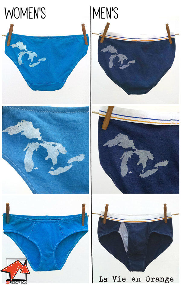 Side by side photos of the women's and men's undies offered as part of March's Red Arrow Box. The women's are an electric blue hipster/boy-cut style (or higher cut brief, not pictured) with a white screen print of the Great Lakes on the back left hip. The men's are a navy blue brief with a gray Great Lakes screen print on the back left hip and a gray contrasting fabric detail in the fly.