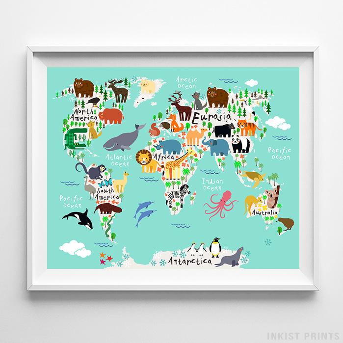 Animal World Map Lime Background Print Nursery Print Inkist Prints