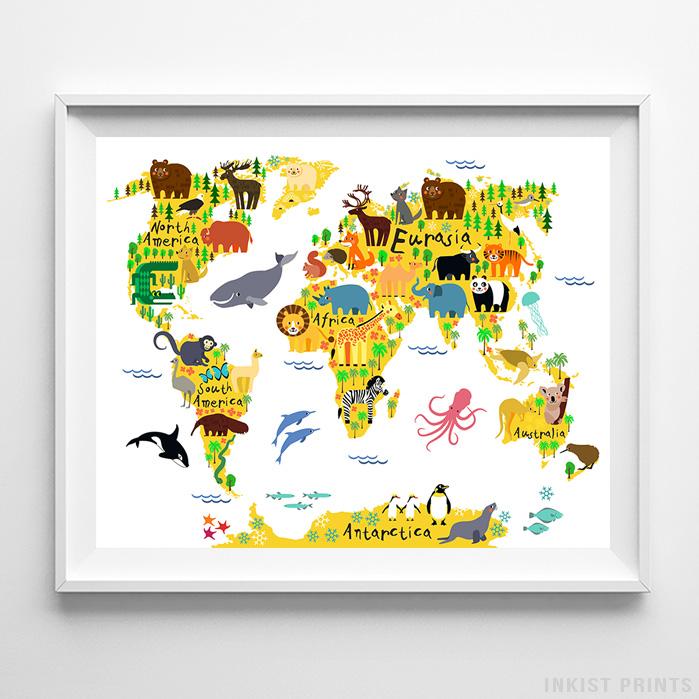 Animal World Map White Background Print Nursery Print Inkist Prints