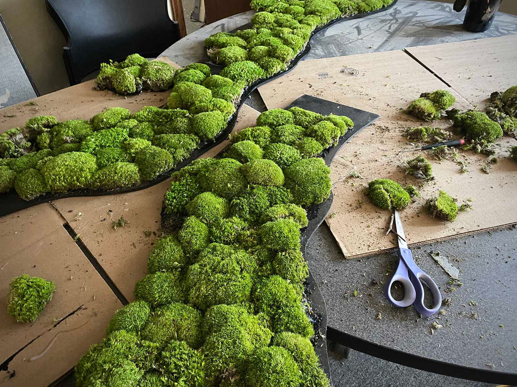 All natural dried and preserved bun moss was assembled into Susie Frazier's biophilic design titled "FLOW"