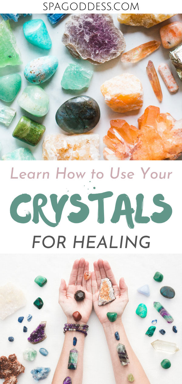 Learn How To Use the Healing Powers of Crystals on the SpaGoddess blog. Use your crystals for meditation + self care. Crystals + stones | healing crystals | crystals for beginners | crystal lover gifts | crystal infused skincare | crystal healing | crystals for beginners | how to use crystals | crystals for anxiety | crystal magic | crystals for protection | crystals + chakras | crystal cleansing | crystals meanings | crystals + stones for spirituality #crystalhealing #crystals #crystalmeaning