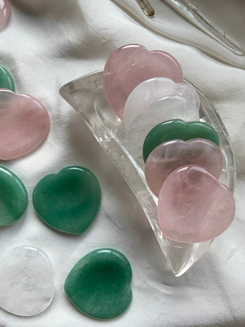 HEART-SHAPED Worry Stones in Rose Quartz + Clear Quartz