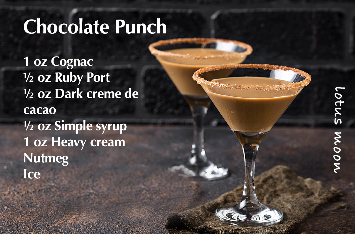 Chocolate Punch 1 oz Cognac  ½ oz Ruby Port  ½ oz Dark creme de cacao  ½ oz Simple syrup  1 oz Heavy cream  Nutmeg  Ice