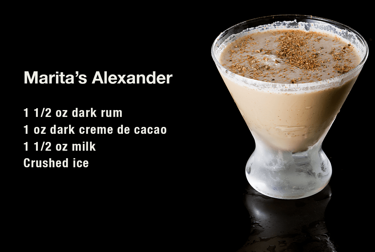 Marita’s Alexander 1 1/2 oz dark rum  1 oz dark creme de cacao  1 1/2 oz milk  Crushed ice