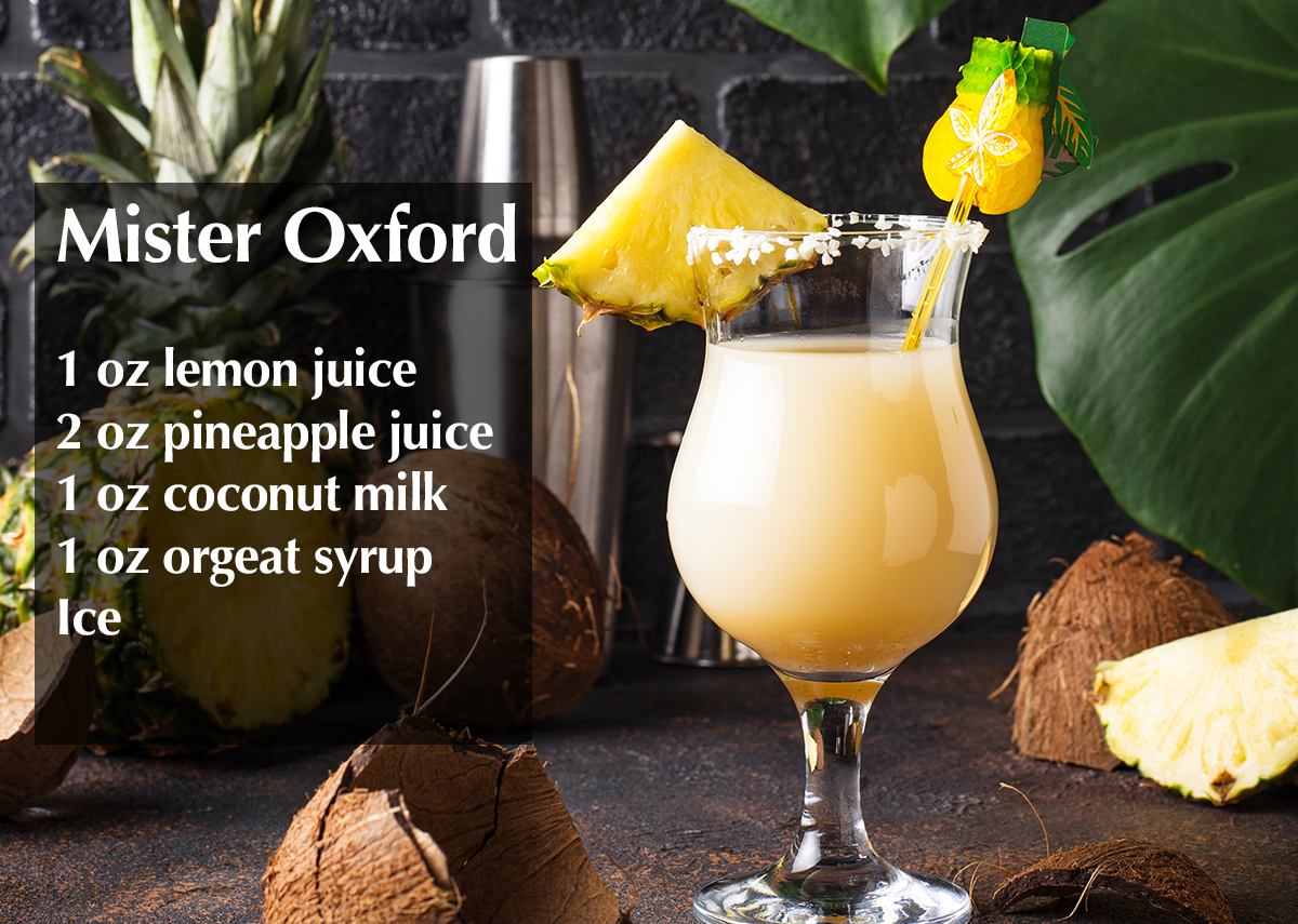 Mister Oxford 1 oz lemon juice  2 oz pineapple juice  1 oz coconut milk  1 oz orgeat syrup  Ice