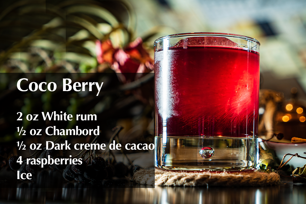 cocktail recipe - 2 oz White rum  ½ oz Chambord  ½ oz Dark creme de cacao  4 raspberries