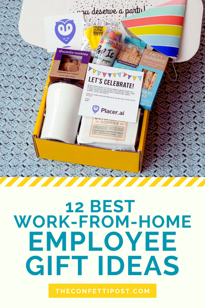 12 Best Work-from-home Employee Gift Ideas text graphic with theconfettipost.com URL: Image of a custom company gift box with a logo card, custom stickers, white mug, party hat, coffee, cookies, and confetti popper