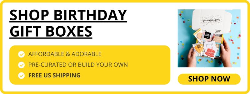 Ad showing open birthday gift box with features listed like free shipping and adorable