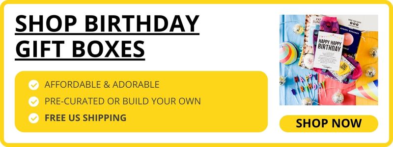 Ad showing a photo of a colorful birthday gift box and linking to shop