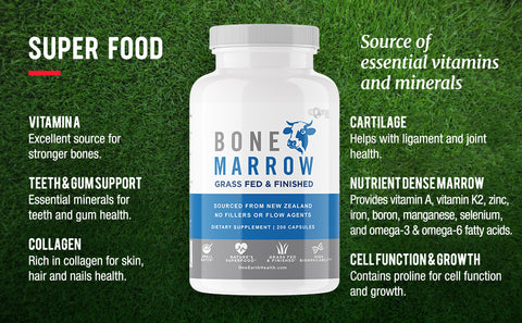 Beef bone marrow supplement bottle, health benefits—Protein content in beef organs