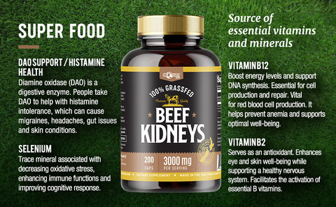 Beef kidney supplement in a bottle by One Earth Health packed with iron, selenium, and other minerals to support overall health and boost the immune system
