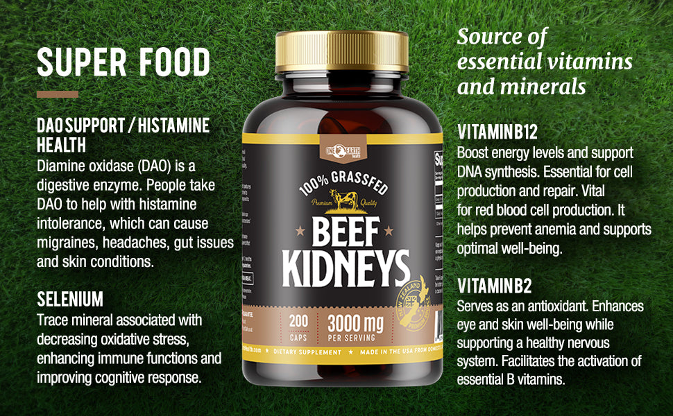 Grass fed beef kidney supplement by One Earth Health