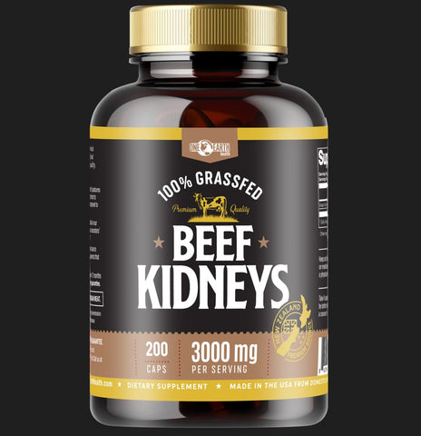 Beef kidney supplement bottle by One Earth Health contains 200 capsules of nutrient-packed, CoQ10-rich, grass-fed beef kidney