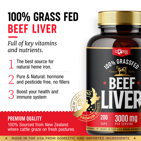 100% grass-fed beef liver organ supplement in a bottle, the best source of heme iron