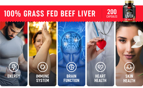Beef liver supplement and benefits of grass-fed beef liver for energy, immune system, brain function, heart health, and skin health