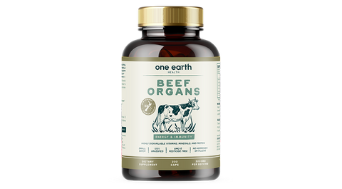 beef organs supplement bottle, 100% grass-fed beef from New Zealand, rich in iron and other vital nutrients