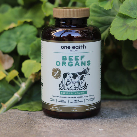 Beef organ supplement bottle by One Earth Health—How much protein do beef organs have?