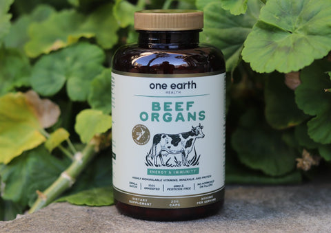 A bottle of 100% organic grass-fed beef organ supplement, containing beef liver, heart, kidney, pancreas, and spleen—Nutritional profile of organ meats