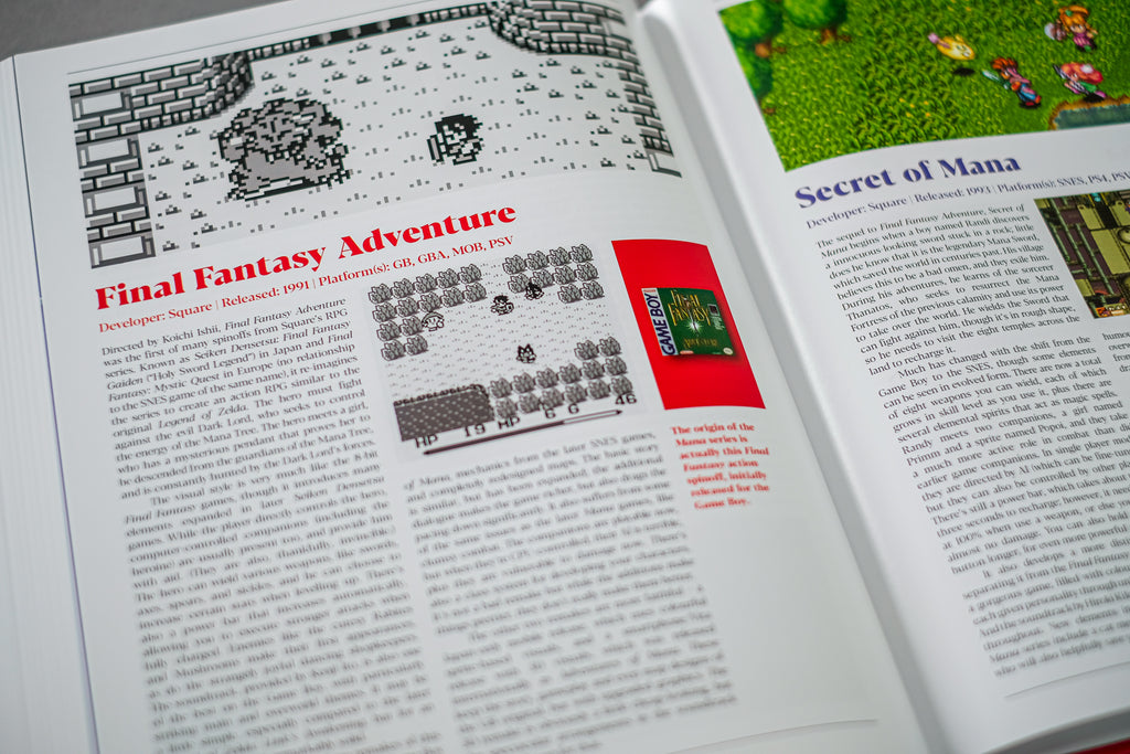 Pages depicting Final Fantasy and Secret of Mana inside the book