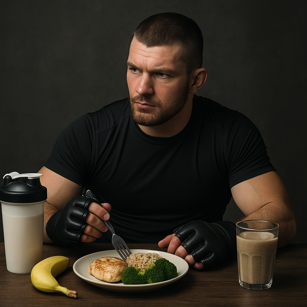 Combattant de MMA mangeant un repas post-entraînement équilibré avec poulet, riz, brocolis, shaker et smoothie.