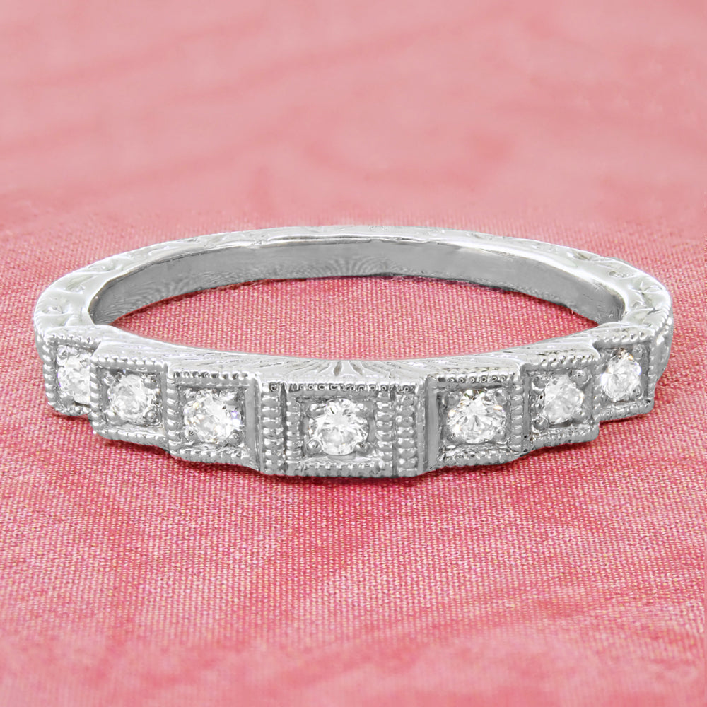 Art Deco Engraved Vintage Tiered Diamond Wedding Band in