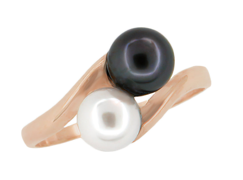 1970's Rose Gold Yin and Yang Bypass White and Black Pearl Duo Ring