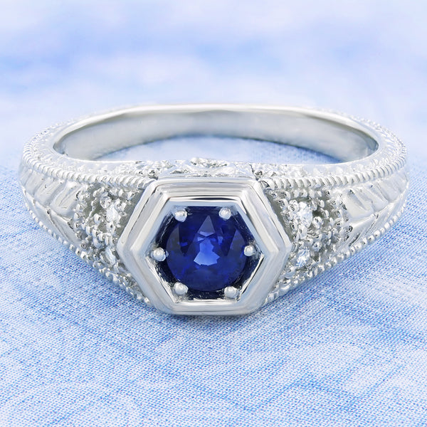 Art Deco Antique Inspired Filigree Sapphire and Diamond Engagement Ring ...