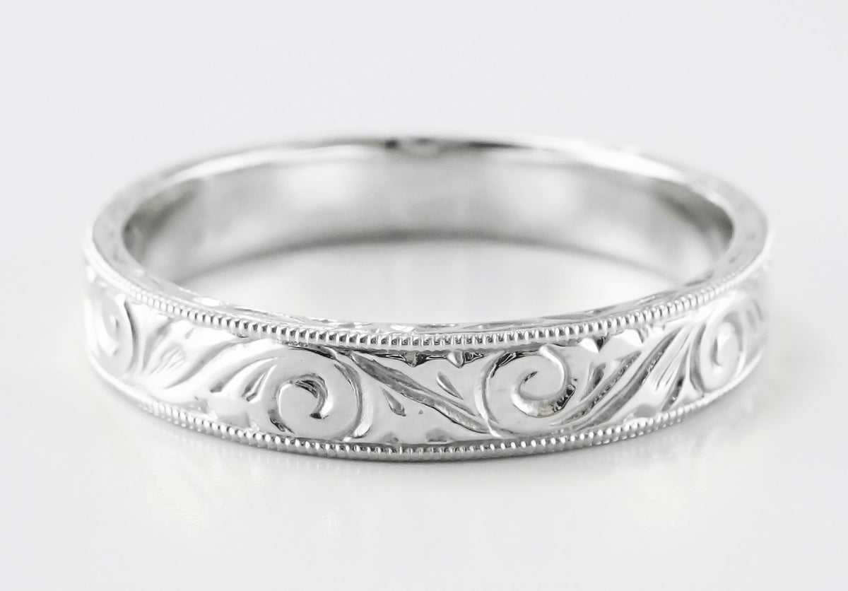 Men's Art Deco Scrolls Engraved Wedding Band in Platinum