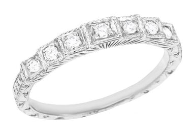 Art Deco Platinum Tiered Diamond Engraved Wedding Band