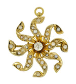 Antique Victorian Diamond and Seed Pearl Scroll Sunburst Pendant Brooch in 10 Karat Gold
