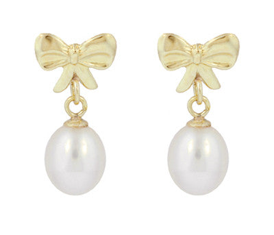 Mid-Century Bows and Pearls Drop Earrings in 14 Karat Yellow Gold ...