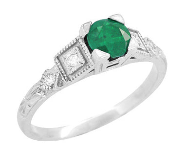 Retro Moderne Vintage Rose Emerald Promise Ring 14K or 10K White Gold ...