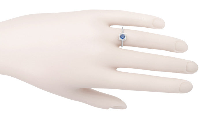 Filigree Scrolls Engraved Art Deco Blue Sapphire Engagement Ring in 14 Karat White Gold - Item: R184 - Image: 4