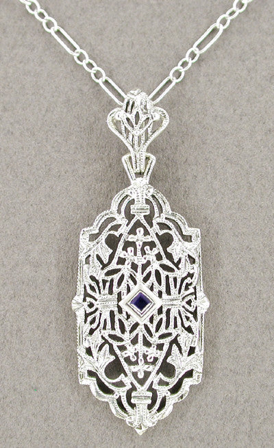 Art Deco Sapphire Filigree Pendant Necklace in 14 Karat White Gold ...