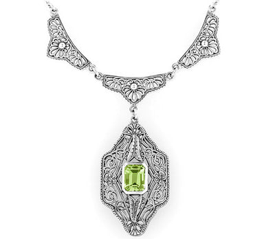 Art Deco Grid Peridot Dangle Drop Pendant Necklace in Sterling Silver