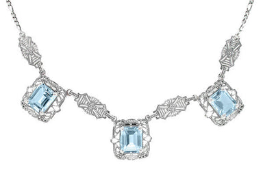 Art Deco Grid Blue Topaz three Drop Necklace in Sterling Silver