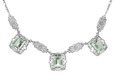 Fine art Deco Filigree Prasiolite ( Green Amethyst ) iii Drop Necklace in Sterling Silver