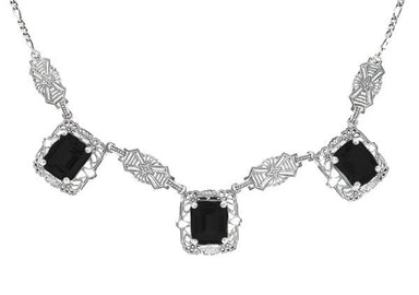 Art Deco Filigree Blackness Onyx 3 Drib Necklace in Sterling Silver