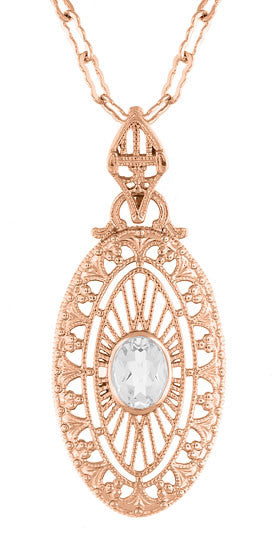 Art Deco Oval White Topaz Filigree Rose Gold Vermeil Pendant Necklace in Sterling Silver