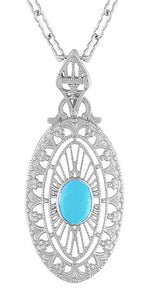 Art Deco Turquoise Filigree Oval Pendant Necklace in Sterling Silver