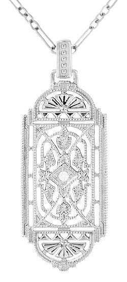 Art Deco Grid Geometric Diamond Pendant Necklace in Sterling Silver