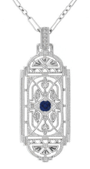 Art Deco Filigree Sapphire Geometric Pendant Necklace in Sterling Silvery