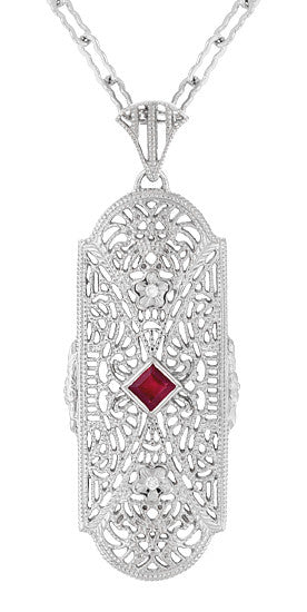 Fine art Deco Flowers Filigree Ruby Pendant Necklace in Sterling Silver