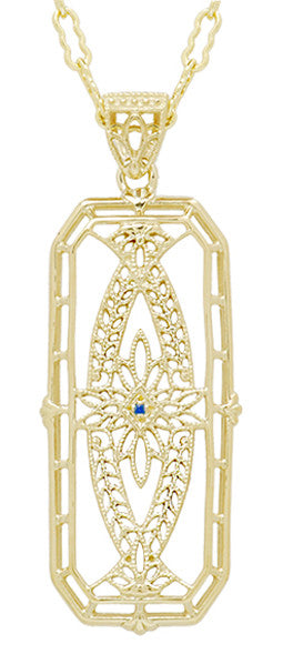 1930'south Vintage Inspired Filigree Sapphire Ichthus Pendant in Yellow Gold Vermeil Over Sterling Argent