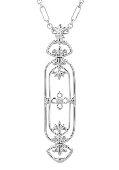 Sterling Silver Circa 1910 Antiquarian Fine art Nouveau Filigree Fleur de Lys Diamond Pendant Necklace - N164WD