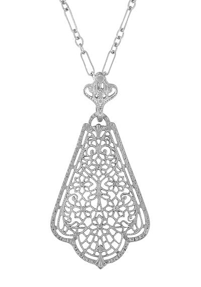 Scalloped Leaf Dangling Filigree Edwardian Pendant Necklace in Sterling ...